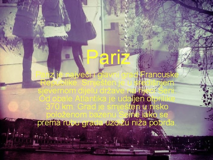 Pariz je najveći i glavni grad Francuske Republike. Smješten je u središnjem sjevernom dijelu