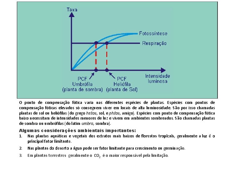 O ponto de compensação fótica varia nas diferentes espécies de plantas. Espécies com pontos O ponto de compensação fótica varia nas diferentes espécies de plantas. Espécies com pontos
