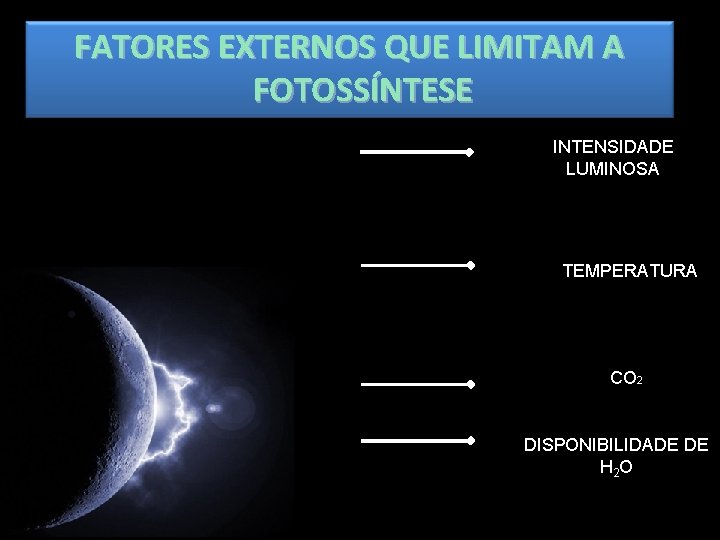 FATORES EXTERNOS QUE LIMITAM A FOTOSSÍNTESE INTENSIDADE LUMINOSA TEMPERATURA CO 2 DISPONIBILIDADE DE H FATORES EXTERNOS QUE LIMITAM A FOTOSSÍNTESE INTENSIDADE LUMINOSA TEMPERATURA CO 2 DISPONIBILIDADE DE H
