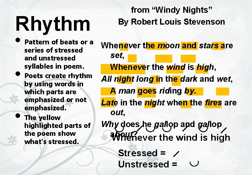Rhythm • Pattern of beats or a • • series of stressed and unstressed