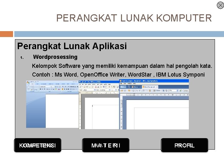 PERANGKAT LUNAK KOMPUTER Perangkat Lunak Aplikasi 1. Wordprosessing Kelompok Software yang memiliki kemampuan dalam