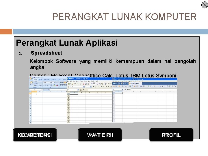 PERANGKAT LUNAK KOMPUTER Perangkat Lunak Aplikasi 2. Spreadsheet Kelompok Software yang memiliki kemampuan dalam