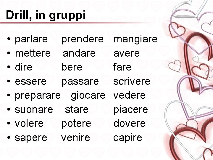 Drill, in gruppi • • parlare prendere mettere andare dire bere essere passare preparare