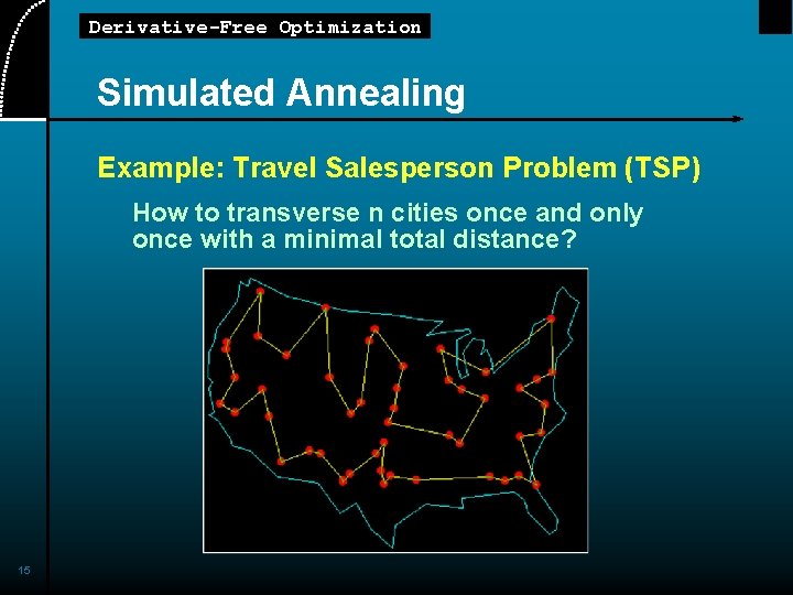 Derivative-Free Optimization Simulated Annealing Example: Travel Salesperson Problem (TSP) How to transverse n cities