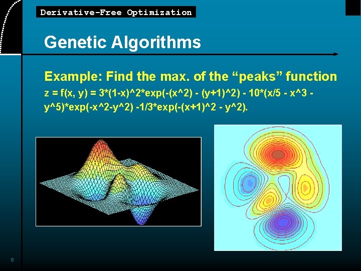 Derivative-Free Optimization Genetic Algorithms Example: Find the max. of the “peaks” function z =