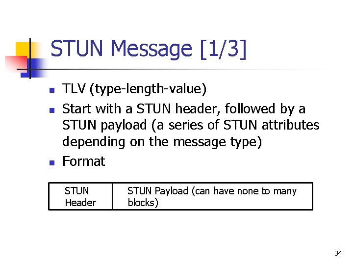 STUN Message [1/3] n n n TLV (type-length-value) Start with a STUN header, followed