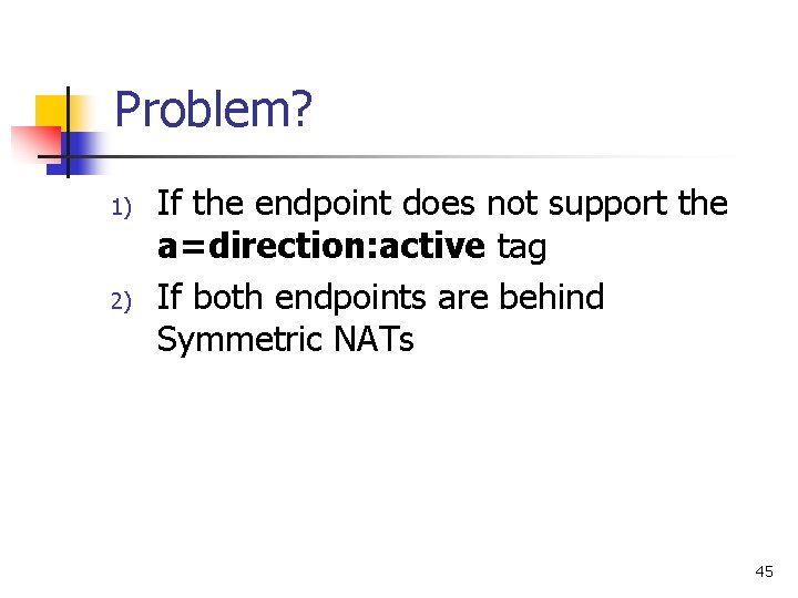 Problem? 1) 2) If the endpoint does not support the a=direction: active tag If