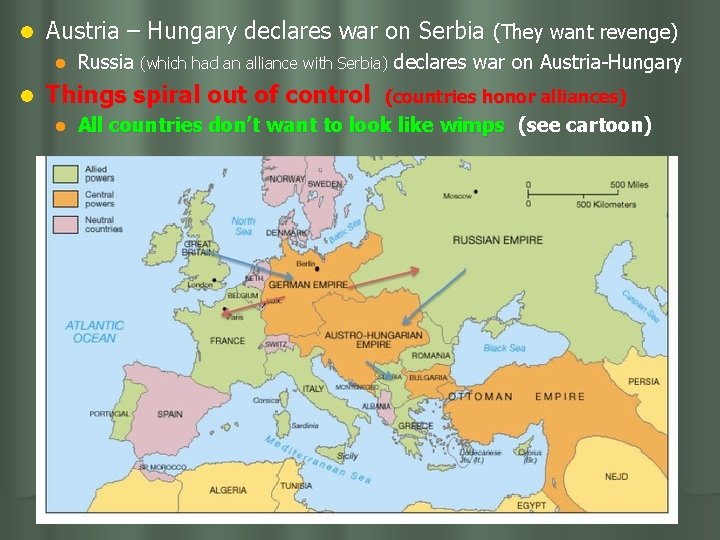 l Austria – Hungary declares war on Serbia (They want revenge) l l Russia