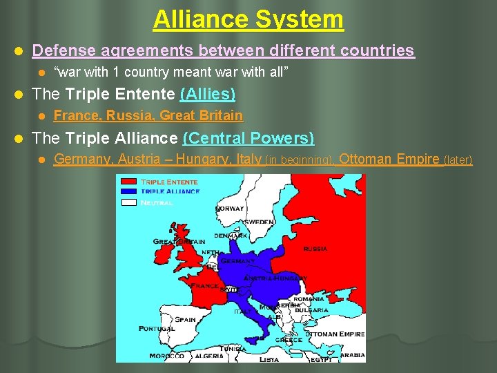 Alliance System l Defense agreements between different countries l l The Triple Entente (Allies)