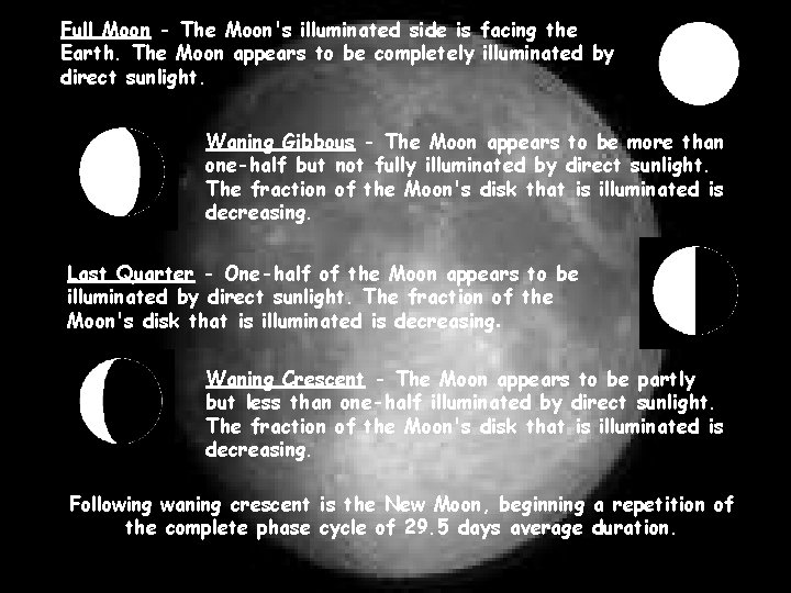 Full Moon - The Moon's illuminated side is facing the Earth. The Moon appears