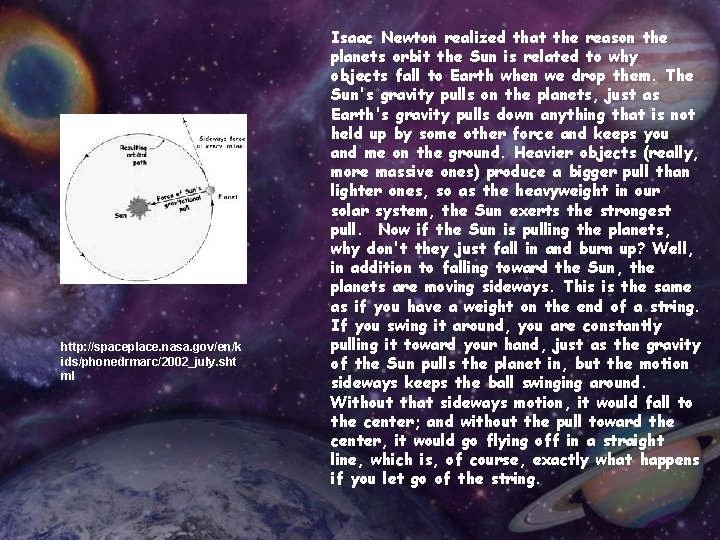 http: //spaceplace. nasa. gov/en/k ids/phonedrmarc/2002_july. sht ml Isaac Newton realized that the reason the
