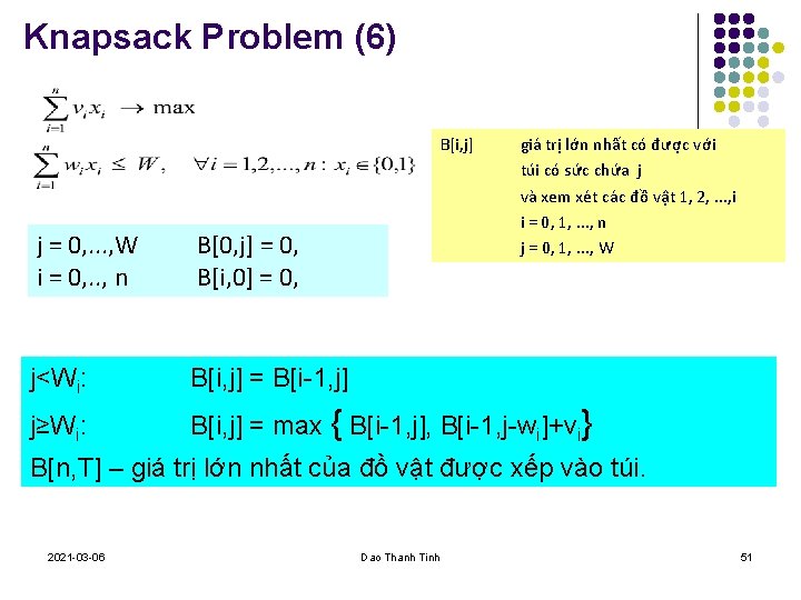 Knapsack Problem (6) B[i, j] giá trị lớn nhất có được với túi có