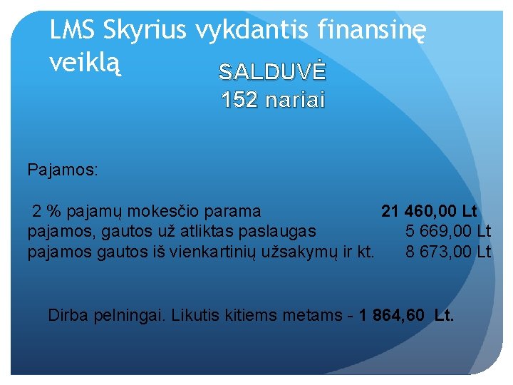 LMS Skyrius vykdantis finansinę veiklą SALDUVĖ 152 nariai Pajamos: 2 % pajamų mokesčio parama