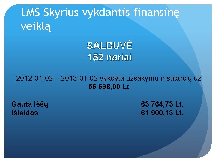 LMS Skyrius vykdantis finansinę veiklą SALDUVĖ 152 nariai 2012 -01 -02 – 2013 -01