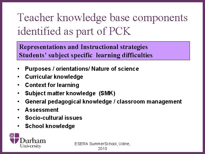Teacher knowledge base components identified as part of PCK Representations and Instructional strategies Students’