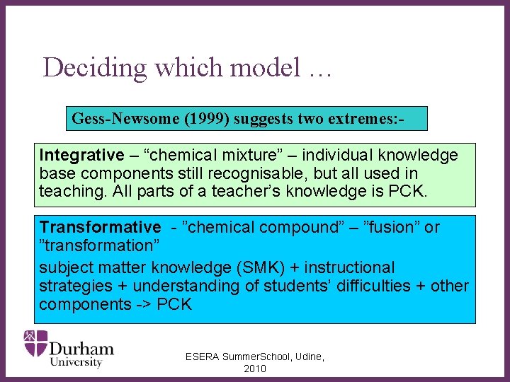 Deciding which model … Gess-Newsome (1999) suggests two extremes: Integrative – “chemical mixture” –