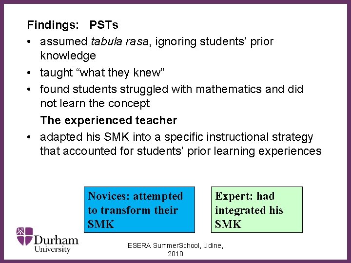 Findings: PSTs • assumed tabula rasa, ignoring students’ prior knowledge • taught “what they