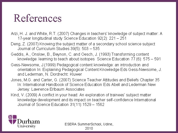 References Arzi, H. J. and White, R. T. (2007) Changes in teachers’ knowledge of