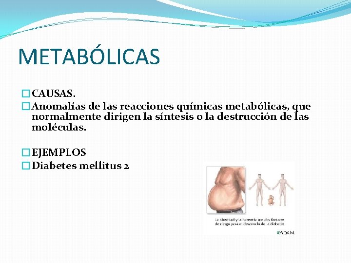 METABÓLICAS �CAUSAS. �Anomalías de las reacciones químicas metabólicas, que normalmente dirigen la síntesis o METABÓLICAS �CAUSAS. �Anomalías de las reacciones químicas metabólicas, que normalmente dirigen la síntesis o