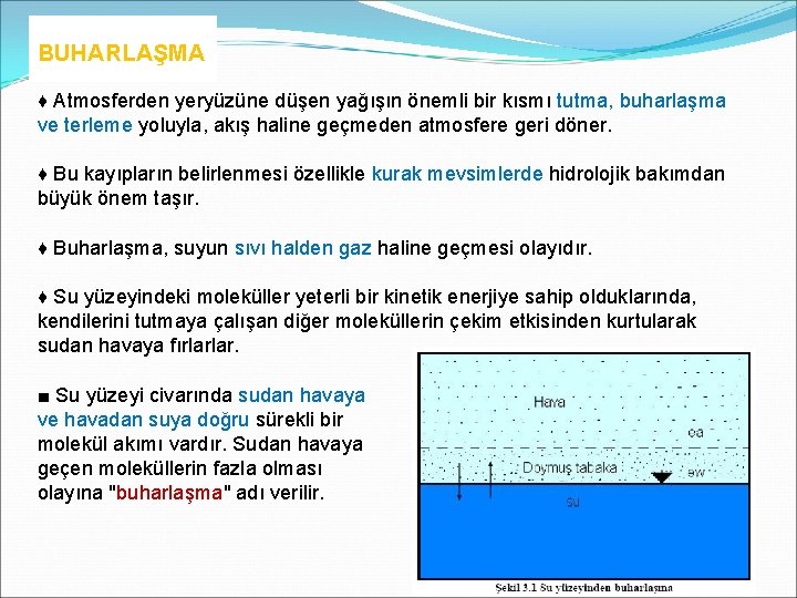 BUHARLAŞMA ♦ Atmosferden yeryüzüne düşen yağışın önemli bir kısmı tutma, buharlaşma ve terleme yoluyla, BUHARLAŞMA ♦ Atmosferden yeryüzüne düşen yağışın önemli bir kısmı tutma, buharlaşma ve terleme yoluyla,