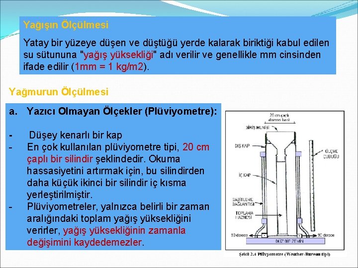 Yağışın Ölçülmesi Yatay bir yüzeye düşen ve düştüğü yerde kalarak biriktiği kabul edilen su Yağışın Ölçülmesi Yatay bir yüzeye düşen ve düştüğü yerde kalarak biriktiği kabul edilen su