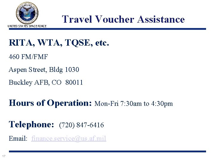 UNITED STATES SPACE FORCE Travel Voucher Assistance RITA, WTA, TQSE, etc. 460 FM/FMF Aspen