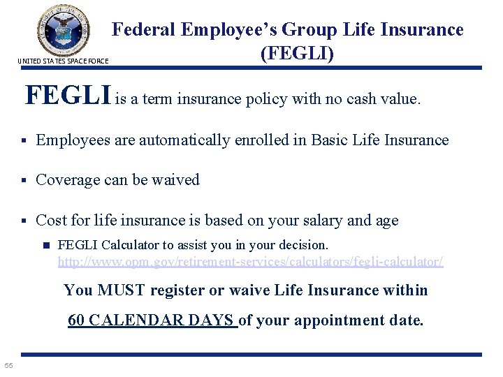 UNITED STATES SPACE FORCE Federal Employee’s Group Life Insurance (FEGLI) FEGLI is a term