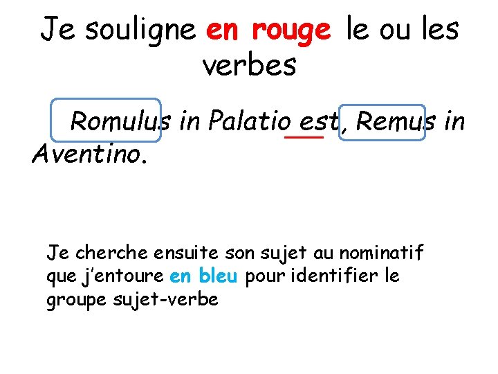 Je souligne en rouge le ou les verbes Romulus in Palatio est, Remus in