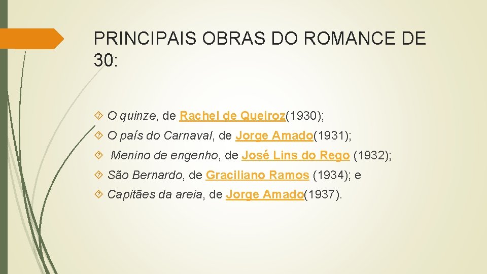 PRINCIPAIS OBRAS DO ROMANCE DE 30: O quinze, de Rachel de Queiroz(1930); O país