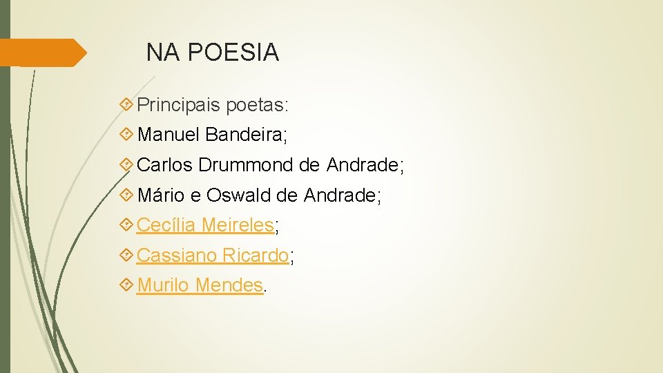 NA POESIA Principais poetas: Manuel Bandeira; Carlos Drummond de Andrade; Mário e Oswald de
