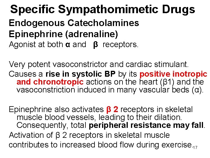 Specific Sympathomimetic Drugs Endogenous Catecholamines Epinephrine (adrenaline) Agonist at both α and β receptors.