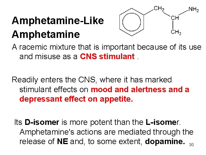 Amphetamine-Like Amphetamine A racemic mixture that is important because of its use and misuse