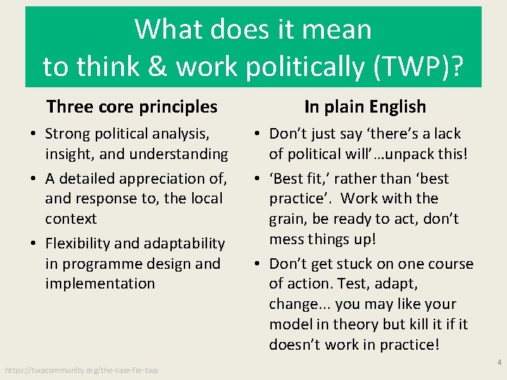 What does it mean to think & work politically (TWP)? Three core principles In