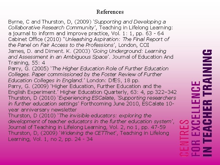 References Byrne, C and Thurston, D, (2009) ‘Supporting and Developing a Collaborative Research Community’, References Byrne, C and Thurston, D, (2009) ‘Supporting and Developing a Collaborative Research Community’,