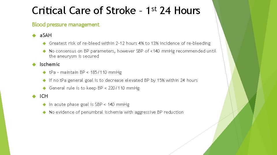 Critical Care of Stroke – 1 st 24 Hours Blood pressure management a. SAH Critical Care of Stroke – 1 st 24 Hours Blood pressure management a. SAH