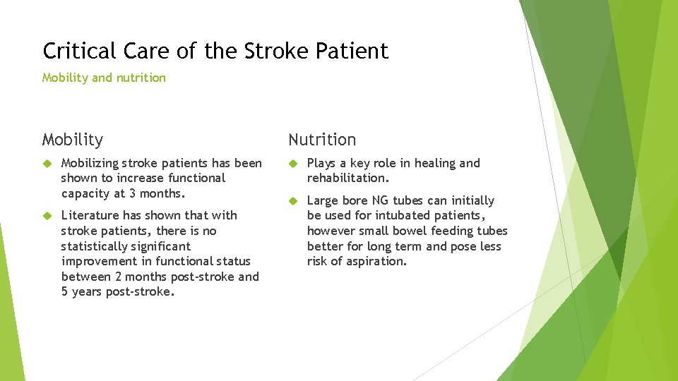 Critical Care of the Stroke Patient Mobility and nutrition Mobility Mobilizing stroke patients has Critical Care of the Stroke Patient Mobility and nutrition Mobility Mobilizing stroke patients has