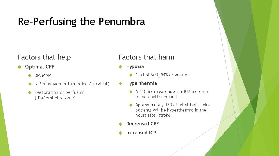 Re-Perfusing the Penumbra Factors that help Optimal CPP BP/MAP ICP management (medical/surgical) Restoration of Re-Perfusing the Penumbra Factors that help Optimal CPP BP/MAP ICP management (medical/surgical) Restoration of