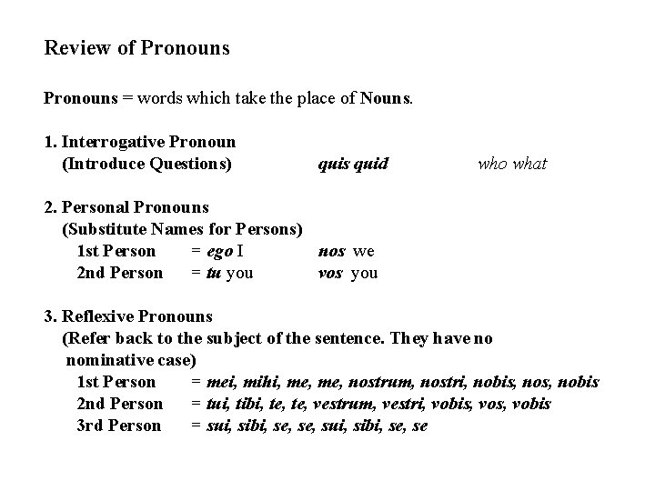 Review of Pronouns = words which take the place of Nouns. 1. Interrogative Pronoun