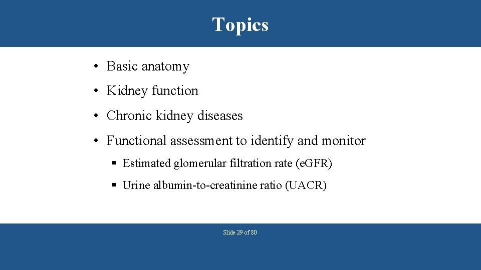 Topics • Basic anatomy • Kidney function • Chronic kidney diseases • Functional assessment