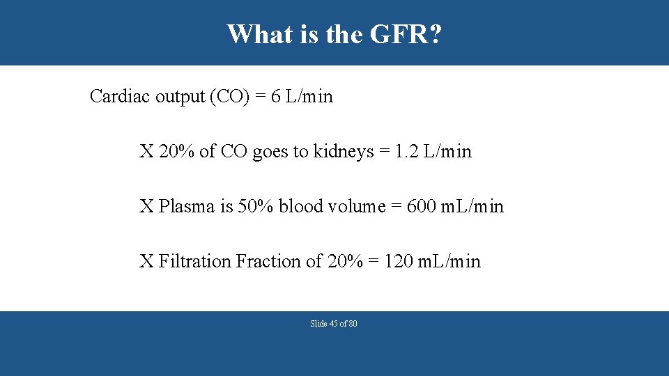 What is the GFR? Cardiac output (CO) = 6 L/min X 20% of CO