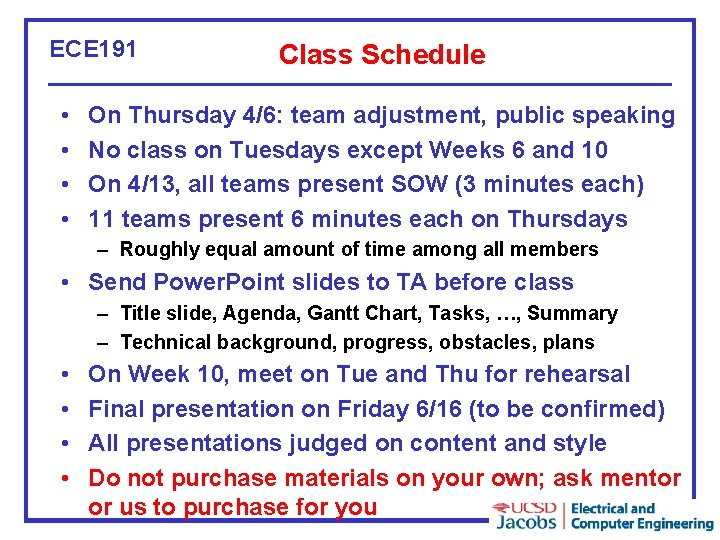 ECE 191 • • Class Schedule On Thursday 4/6: team adjustment, public speaking No ECE 191 • • Class Schedule On Thursday 4/6: team adjustment, public speaking No
