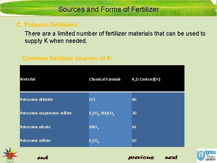 Sources and Forms of Fertilizer C. Potassic fertilizers There a limited number of fertilizer
