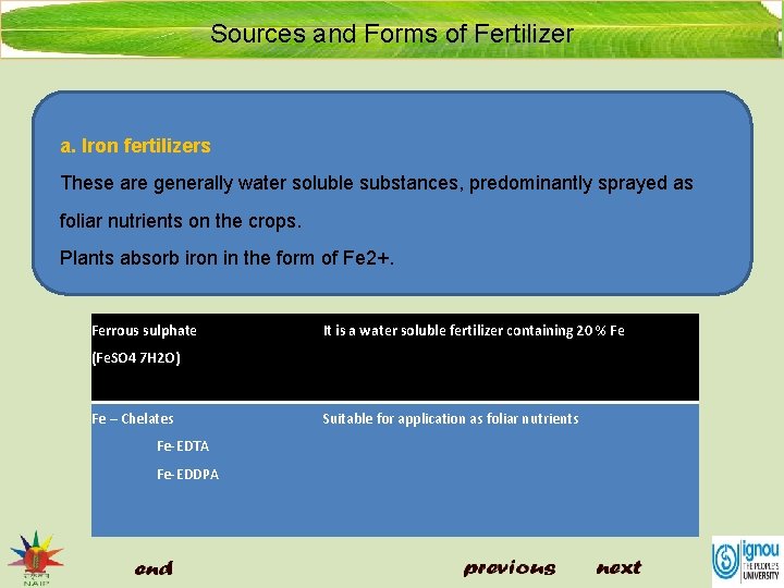 Sources and Forms of Fertilizer a. lron fertilizers These are generally water soluble substances,