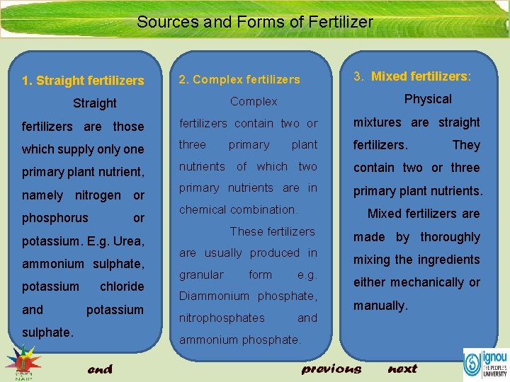 Sources and Forms of Fertilizer 1. Straight fertilizers 2. Complex fertilizers Physical Complex Straight