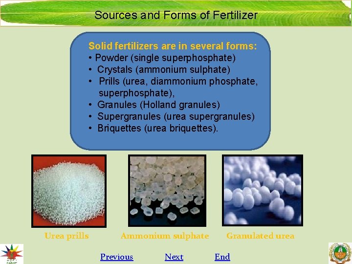 Sources and Forms of Fertilizer Solid fertilizers are in several forms: • Powder (single