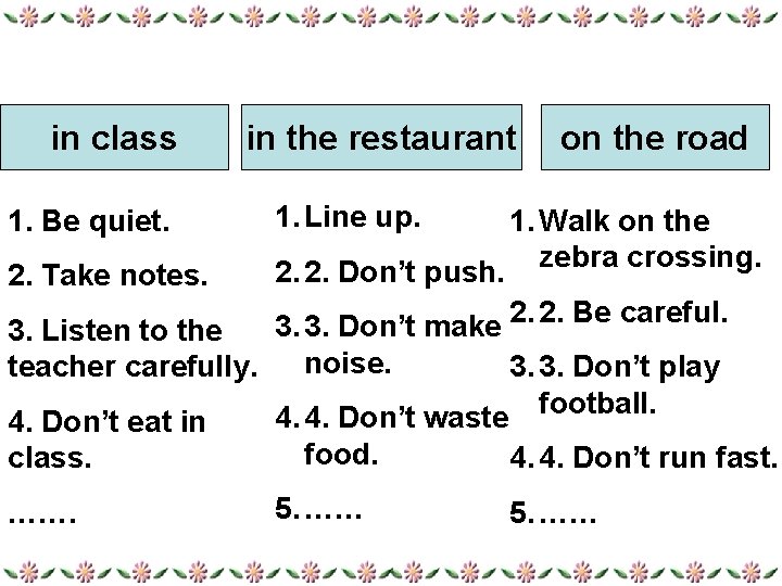 in class 1. Be quiet. 2. Take notes. in the restaurant on the road