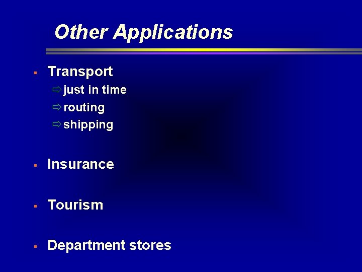 Other Applications § Transport ðjust in time ðrouting ðshipping § Insurance § Tourism § Other Applications § Transport ðjust in time ðrouting ðshipping § Insurance § Tourism §