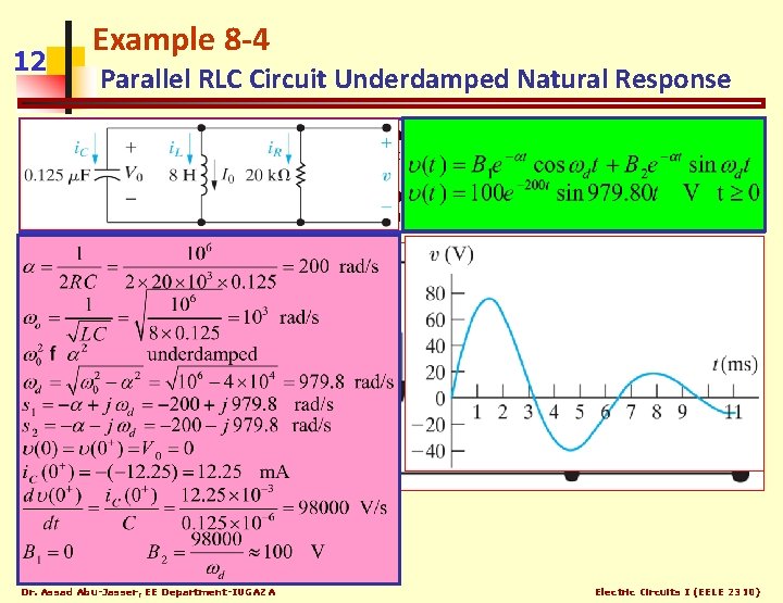 12 Example 8 -4 Parallel RLC Circuit Underdamped Natural Response In the circuit shown