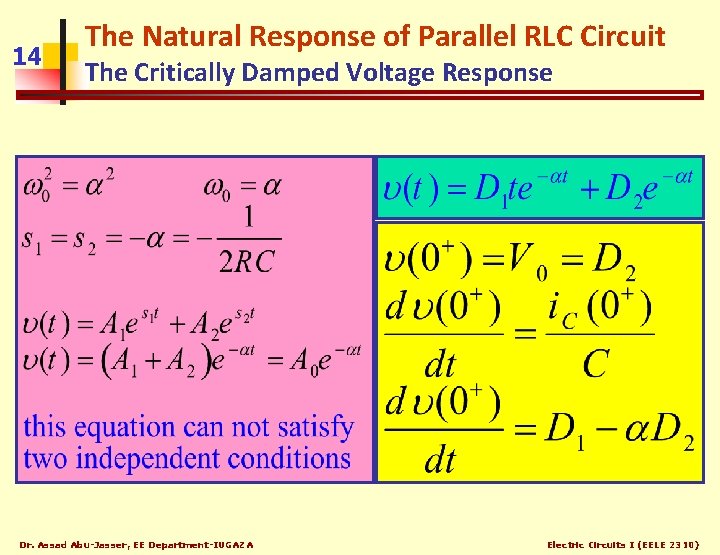 14 The Natural Response of Parallel RLC Circuit The Critically Damped Voltage Response Dr.