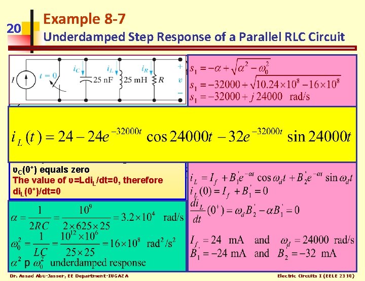 20 Example 8 -7 Underdamped Step Response of a Parallel RLC Circuit The initial